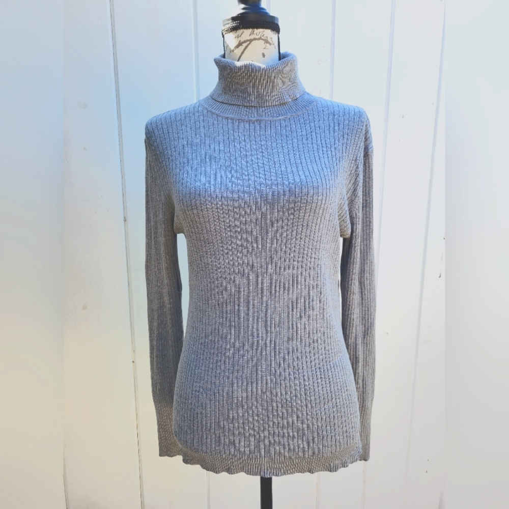 Chico's Silk Blend Grey Ribbed Knit‎ Turtleneck Pullover Sweater Size M